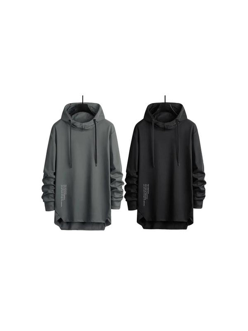 Men'S Letter Print Asymmetrical Hem Essentials Hoodie, Loose Fashion Drop Shoulder Drawstring Pullover Top
