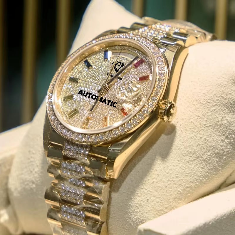 Classic Pass Test Crystal Glass Moissanite Watch Luxury Diamond Automatic Movement Watch for Men or Women with Box