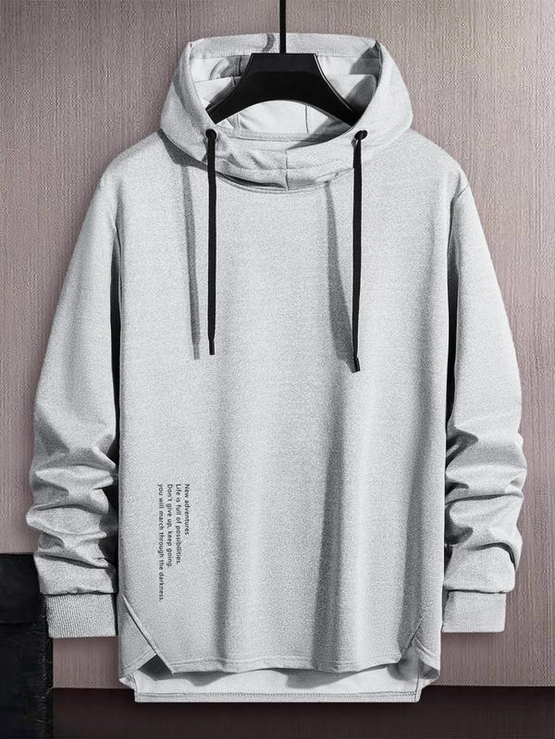 Men'S Letter Print Asymmetrical Hem Essentials Hoodie, Loose Fashion Drop Shoulder Drawstring Pullover Top