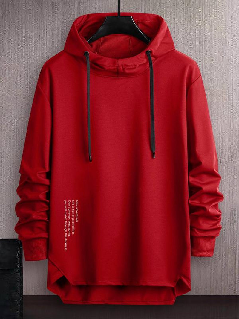 Men'S Letter Print Asymmetrical Hem Essentials Hoodie, Loose Fashion Drop Shoulder Drawstring Pullover Top