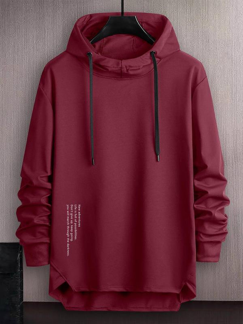 Men'S Letter Print Asymmetrical Hem Essentials Hoodie, Loose Fashion Drop Shoulder Drawstring Pullover Top