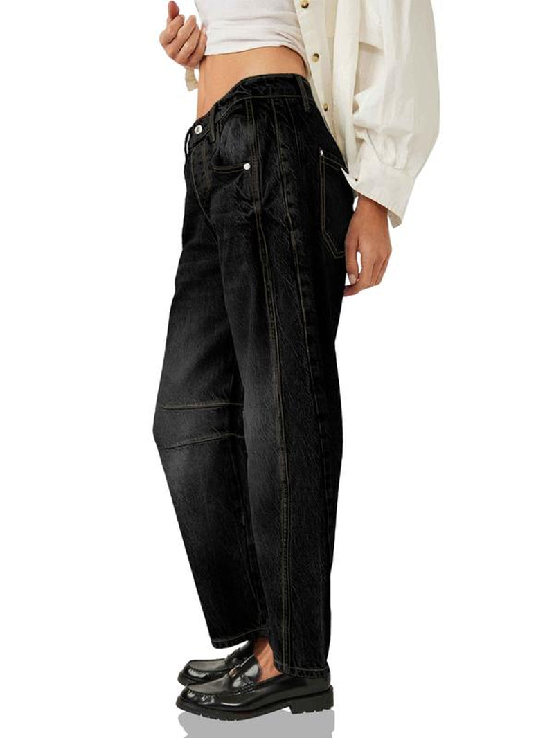 Goranbon Women'S Baggy Boyfriend Jeans Vintage Wide Leg Mid Rise Barrel Denim Ankle Pants