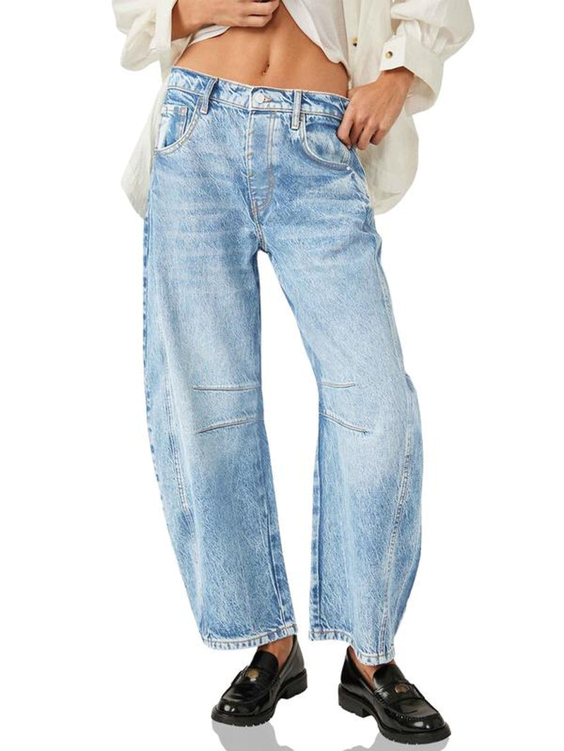 Goranbon Women'S Baggy Boyfriend Jeans Vintage Wide Leg Mid Rise Barrel Denim Ankle Pants