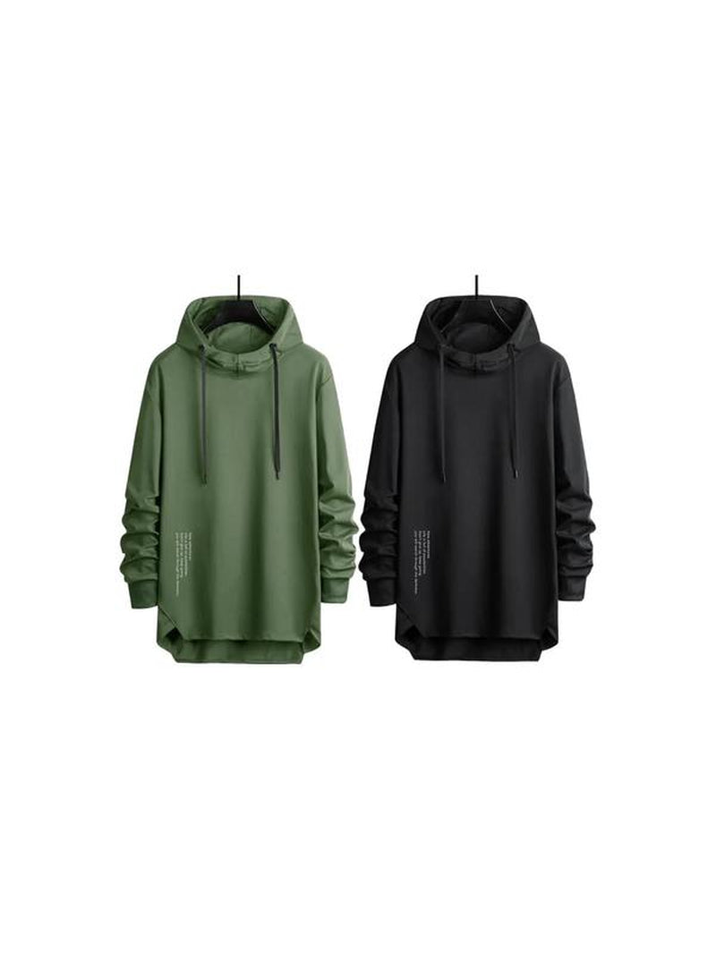 Men'S Letter Print Asymmetrical Hem Essentials Hoodie, Loose Fashion Drop Shoulder Drawstring Pullover Top