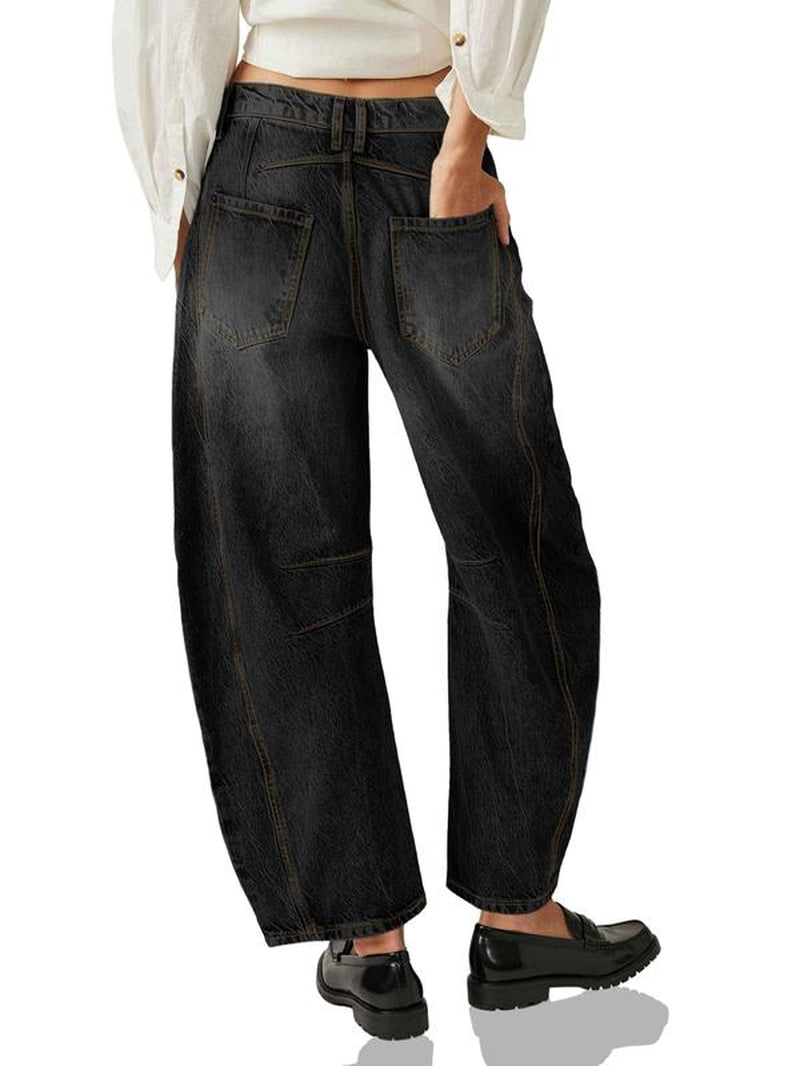 Goranbon Women'S Baggy Boyfriend Jeans Vintage Wide Leg Mid Rise Barrel Denim Ankle Pants