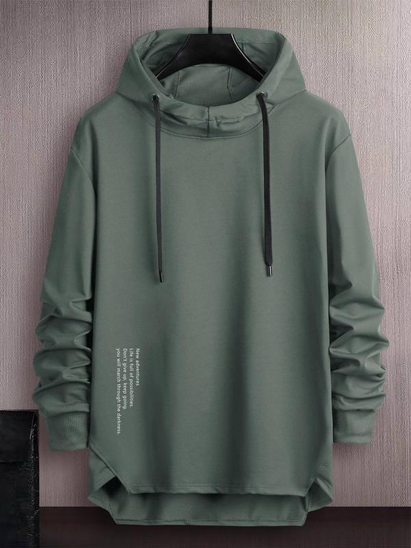 Men'S Letter Print Asymmetrical Hem Essentials Hoodie, Loose Fashion Drop Shoulder Drawstring Pullover Top