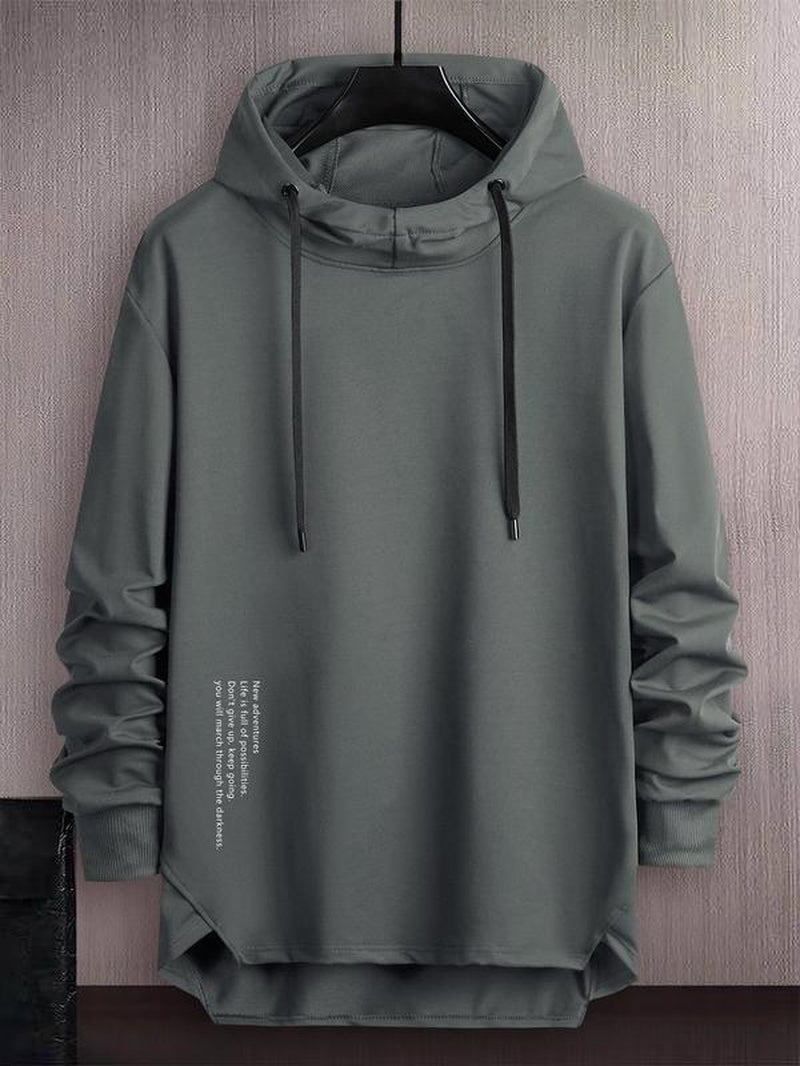 Men'S Letter Print Asymmetrical Hem Essentials Hoodie, Loose Fashion Drop Shoulder Drawstring Pullover Top