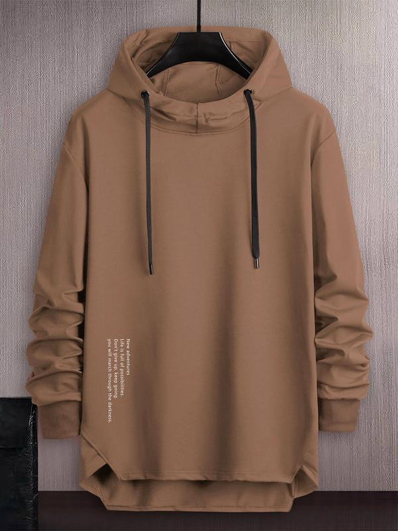 Men'S Letter Print Asymmetrical Hem Essentials Hoodie, Loose Fashion Drop Shoulder Drawstring Pullover Top