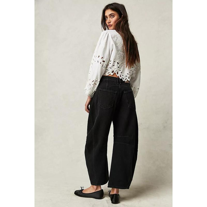 Goranbon Women'S Baggy Boyfriend Jeans Vintage Wide Leg Mid Rise Barrel Denim Ankle Pants
