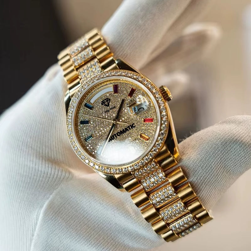 Classic Pass Test Crystal Glass Moissanite Watch Luxury Diamond Automatic Movement Watch for Men or Women with Box