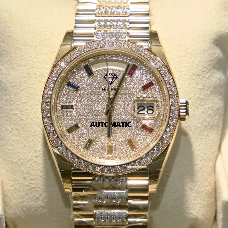 Classic Pass Test Crystal Glass Moissanite Watch Luxury Diamond Automatic Movement Watch for Men or Women with Box