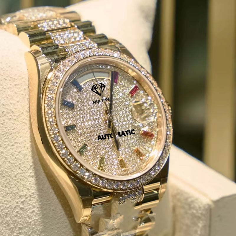 Classic Pass Test Crystal Glass Moissanite Watch Luxury Diamond Automatic Movement Watch for Men or Women with Box
