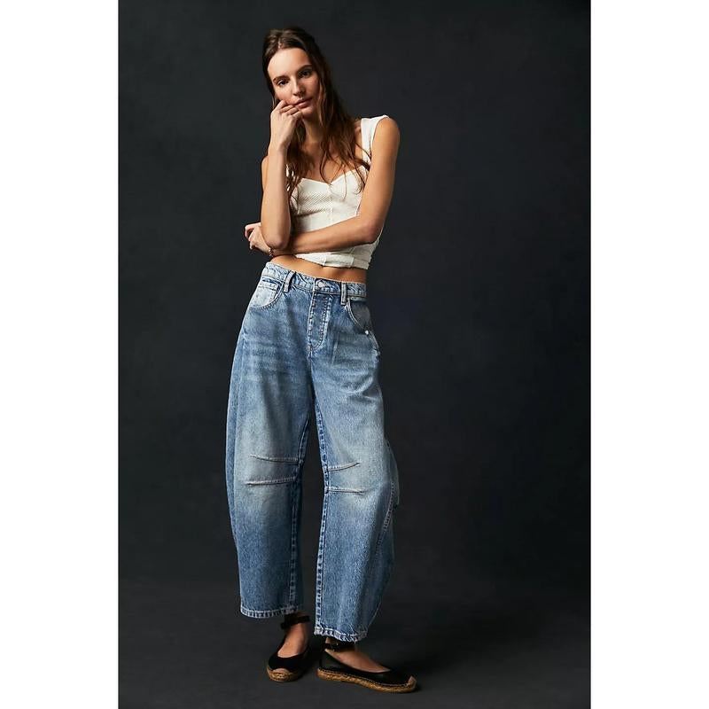 Goranbon Women'S Baggy Boyfriend Jeans Vintage Wide Leg Mid Rise Barrel Denim Ankle Pants