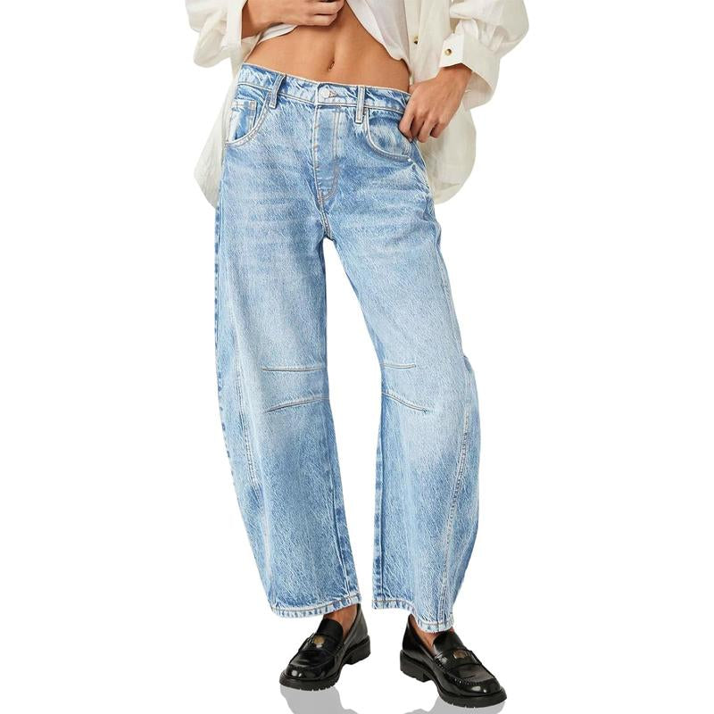 Goranbon Women'S Baggy Boyfriend Jeans Vintage Wide Leg Mid Rise Barrel Denim Ankle Pants