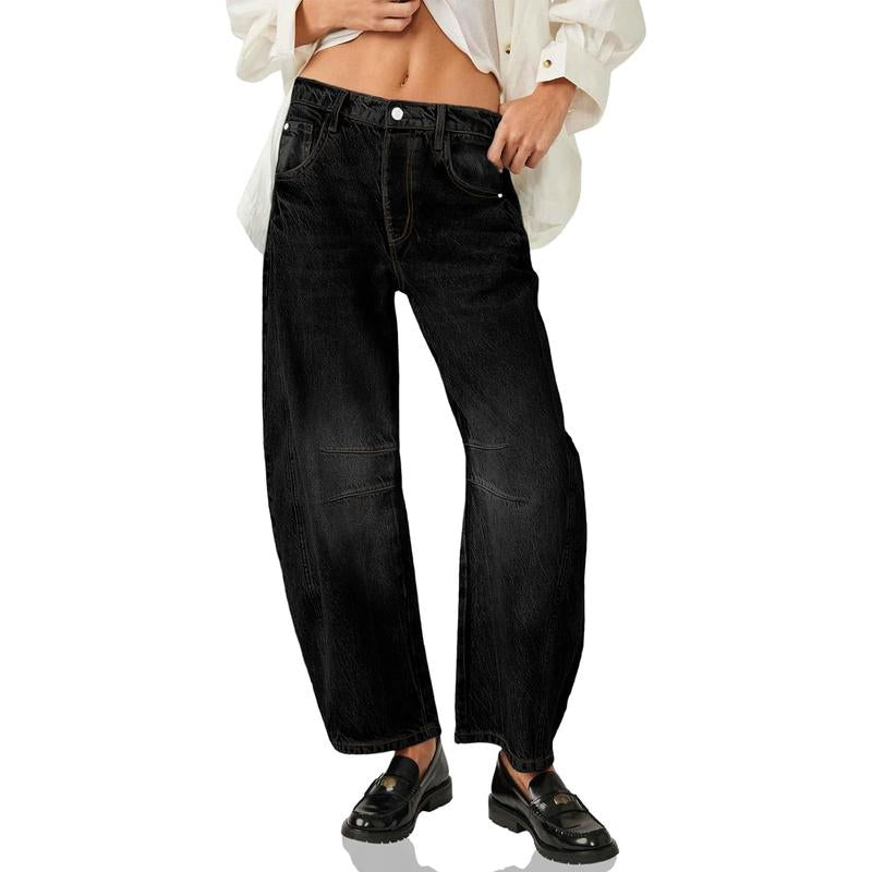 Goranbon Women'S Baggy Boyfriend Jeans Vintage Wide Leg Mid Rise Barrel Denim Ankle Pants