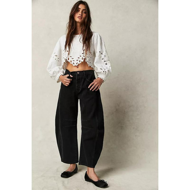 Goranbon Women'S Baggy Boyfriend Jeans Vintage Wide Leg Mid Rise Barrel Denim Ankle Pants