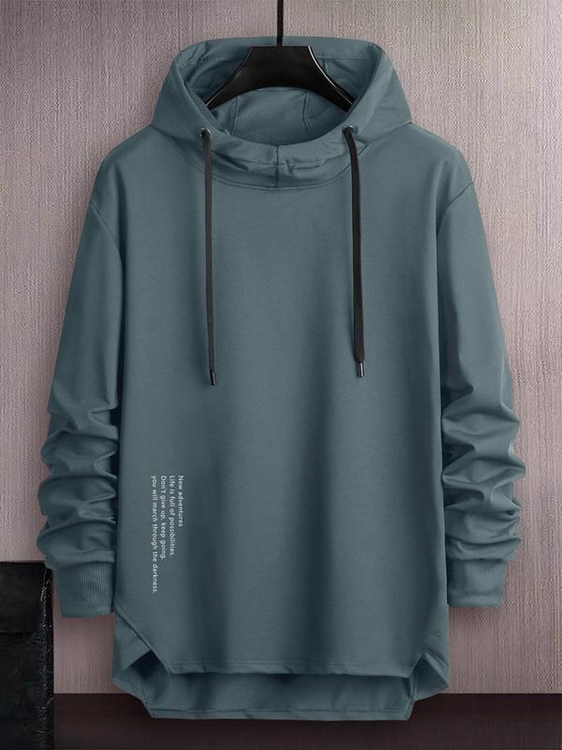 Men'S Letter Print Asymmetrical Hem Essentials Hoodie, Loose Fashion Drop Shoulder Drawstring Pullover Top