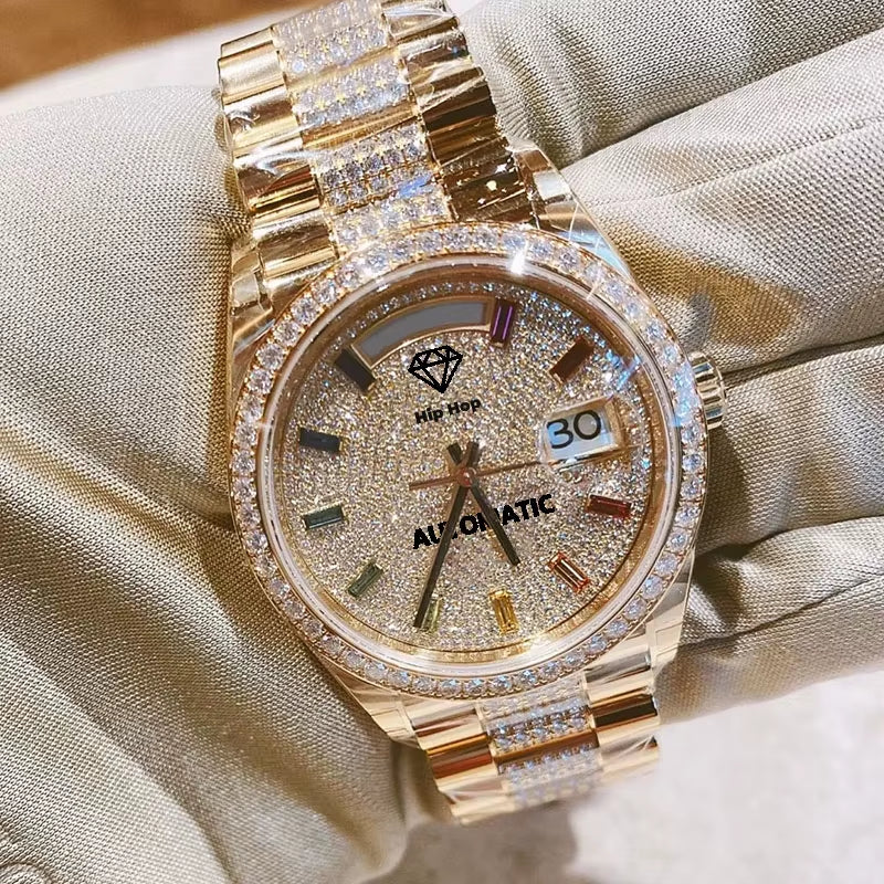 Classic Pass Test Crystal Glass Moissanite Watch Luxury Diamond Automatic Movement Watch for Men or Women with Box