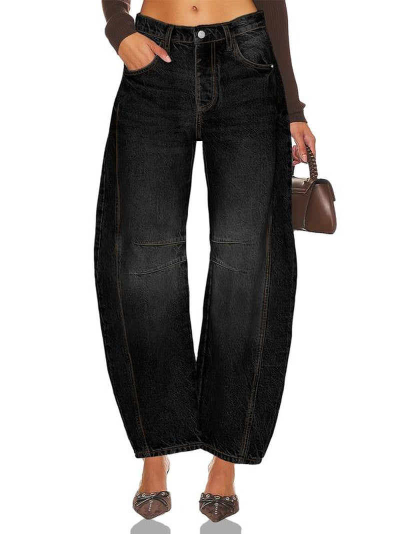 Goranbon Women'S Baggy Boyfriend Jeans Vintage Wide Leg Mid Rise Barrel Denim Ankle Pants