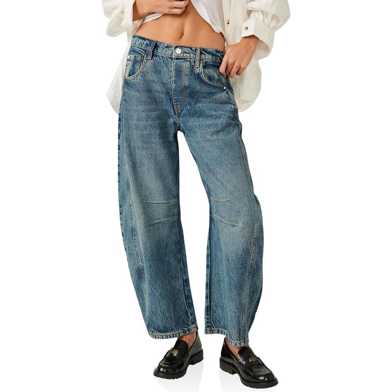 Goranbon Women'S Baggy Boyfriend Jeans Vintage Wide Leg Mid Rise Barrel Denim Ankle Pants