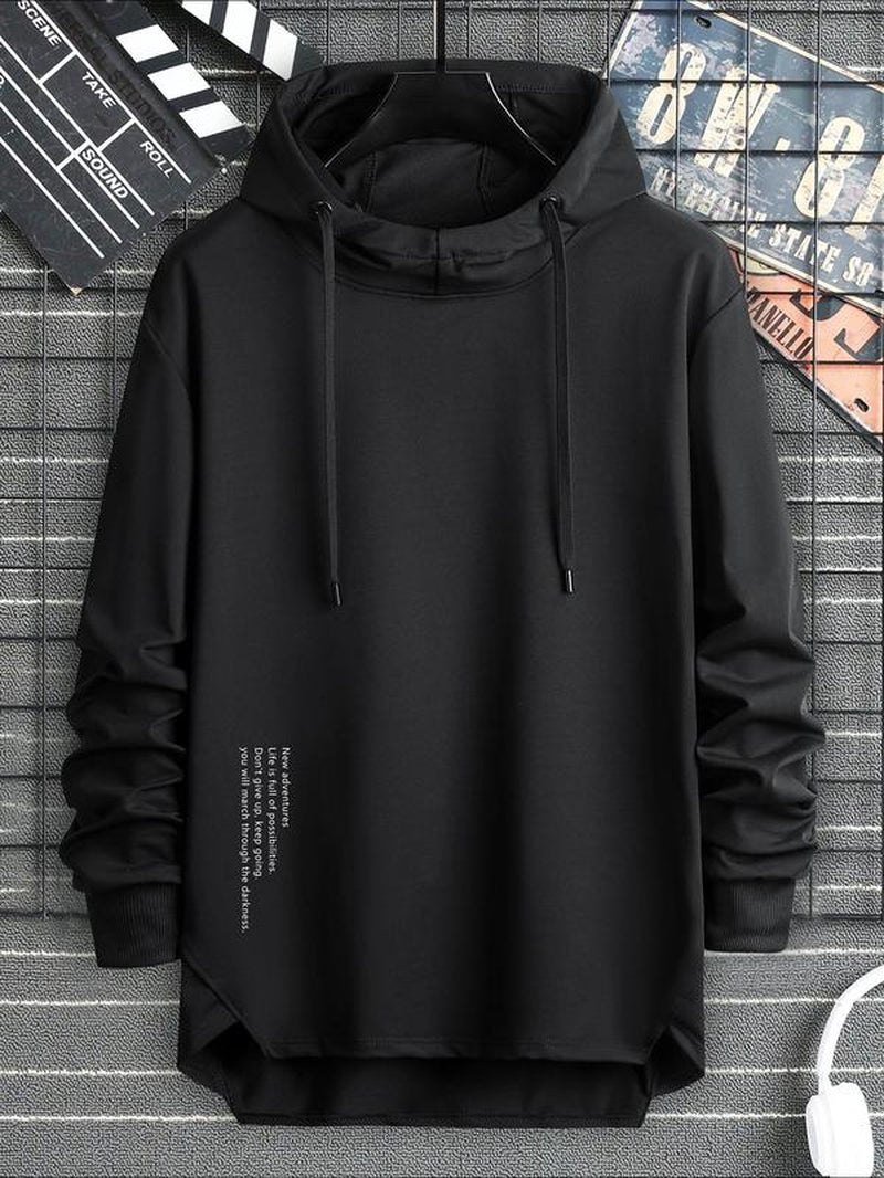 Men'S Letter Print Asymmetrical Hem Essentials Hoodie, Loose Fashion Drop Shoulder Drawstring Pullover Top