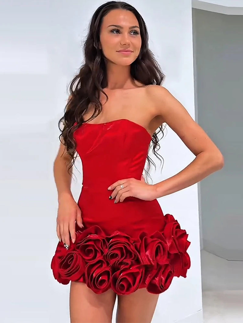 Strapless 3D Flower Patchwork Short Dress Women Sexy Sleeveless Backless Waist Cinching Bodycon Evening Dresses Chic Lady Robes