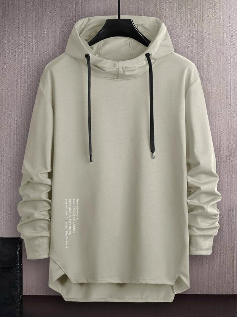 Men'S Letter Print Asymmetrical Hem Essentials Hoodie, Loose Fashion Drop Shoulder Drawstring Pullover Top