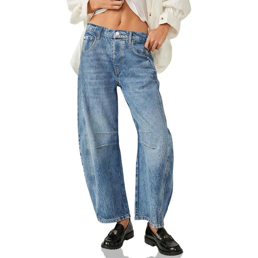 Goranbon Women'S Baggy Boyfriend Jeans Vintage Wide Leg Mid Rise Barrel Denim Ankle Pants