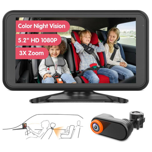 LUCKVIEW Car Camera Monitor Set Back Seat Monitor with Night Vision 5.2'' 1080P Screen Rear Seat Dash Camera with 3X Zoom 360° Rotation for Rear Facing Seat Video Function Dealsforyoudays