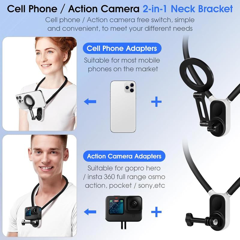 Magnetic Neck Phone Holder, 1 Set Sports Camera Mount, Pov/Vlog Selfie Mount, Hand Free Phones & Sports Camera Neck Holder for Video Recording, Stocking Fillers Gift