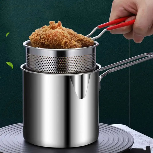 Stainless Steel Deep Fryer with Strainer Basket - Multi-Purpose Tempura & Chicken Frying Pan for Home/Commercial Use