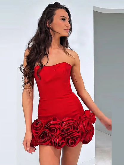 Strapless 3D Flower Patchwork Short Dress Women Sexy Sleeveless Backless Waist Cinching Bodycon Evening Dresses Chic Lady Robes
