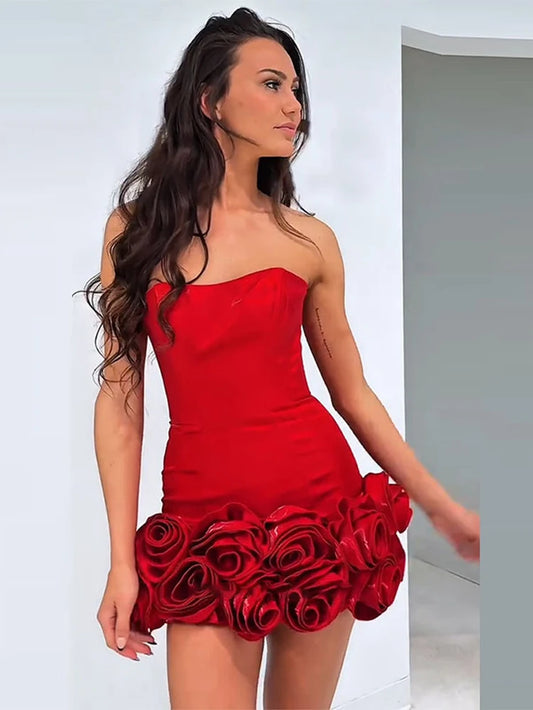 Strapless 3D Flower Patchwork Short Dress Women Sexy Sleeveless Backless Waist Cinching Bodycon Evening Dresses Chic Lady Robes