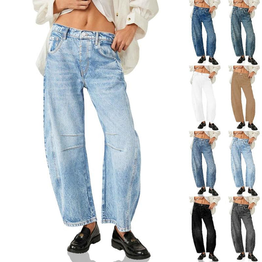 Goranbon Women'S Baggy Boyfriend Jeans Vintage Wide Leg Mid Rise Barrel Denim Ankle Pants