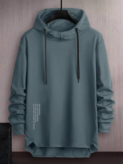 Men'S Letter Print Asymmetrical Hem Essentials Hoodie, Loose Fashion Drop Shoulder Drawstring Pullover Top