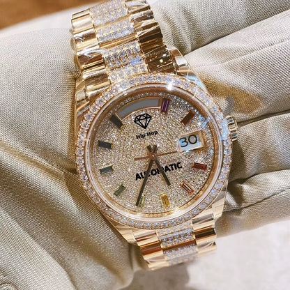 Classic Pass Test Crystal Glass Moissanite Watch Luxury Diamond Automatic Movement Watch for Men or Women with Box