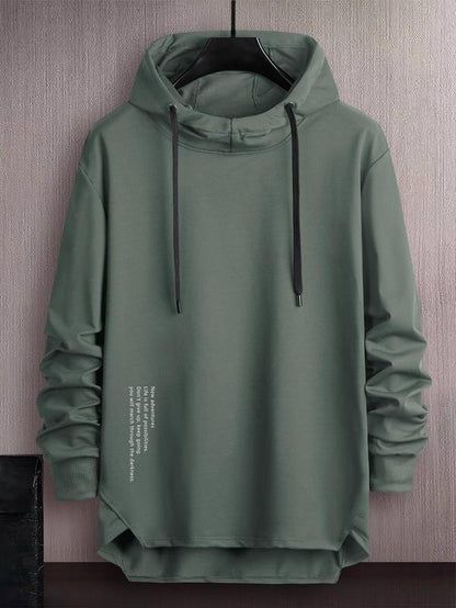 Men'S Letter Print Asymmetrical Hem Essentials Hoodie, Loose Fashion Drop Shoulder Drawstring Pullover Top